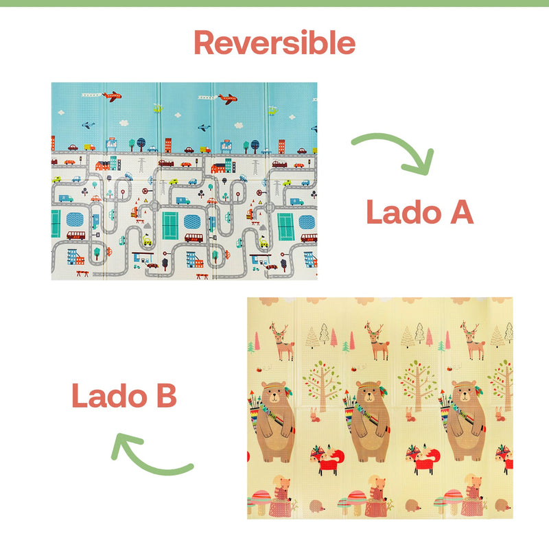 Alfombra Antigolpes Infantil Plegable con Bolso 180X200 Oso y Ciudad