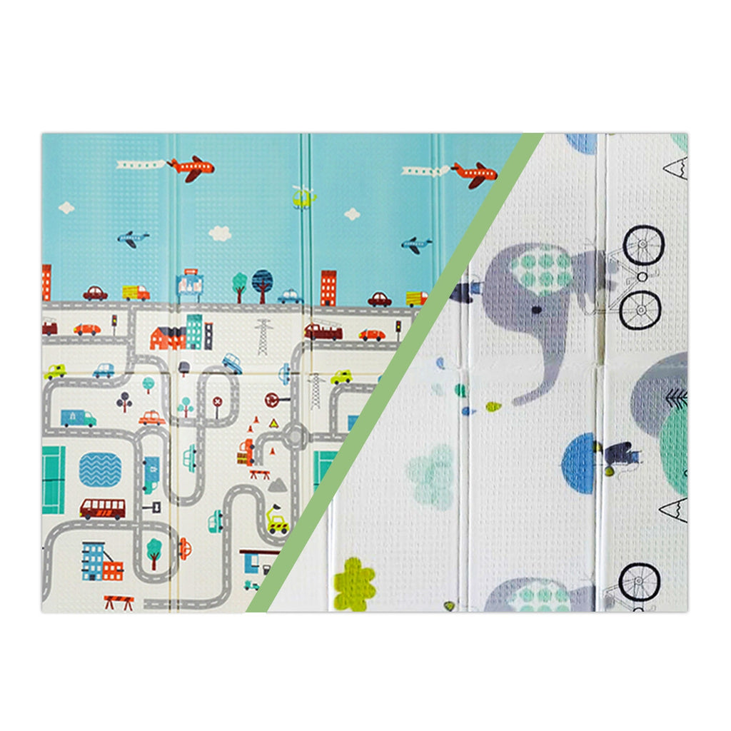 Alfombra Antigolpes Infantil Plegable con Bolso 180X120 Ciudad y Elefante