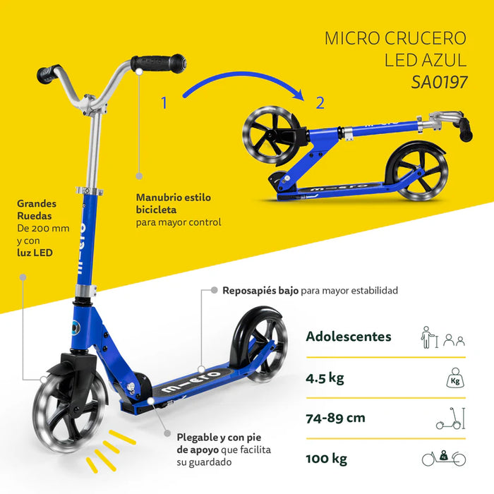 Micro Scooter Adolescentes Crucero LED Azul