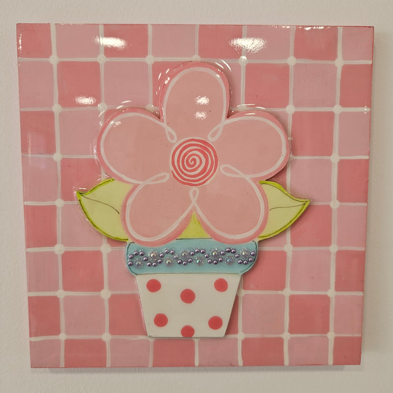 Cuadro Macetero Flor Rosado