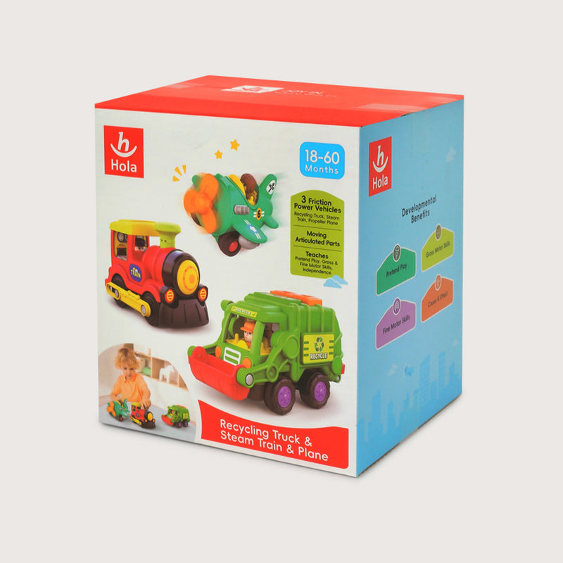 Camión de reciclaje, tren de vapor y avión