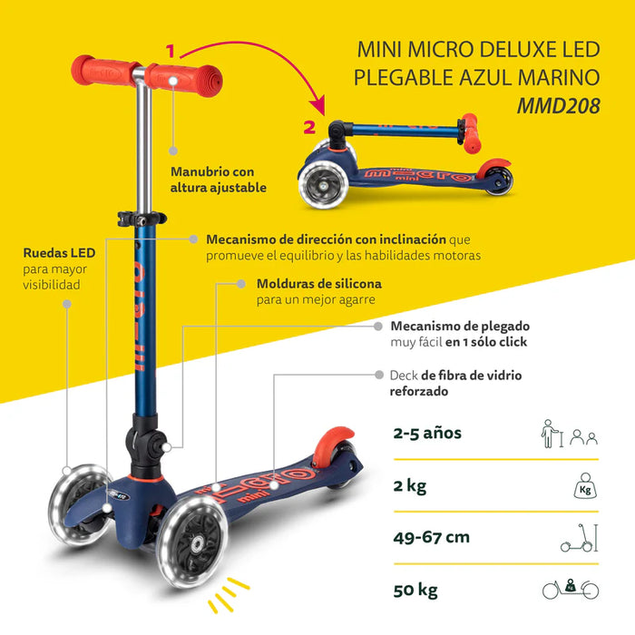 Micro Scooter Mini Deluxe LED PLEGABLE Azul