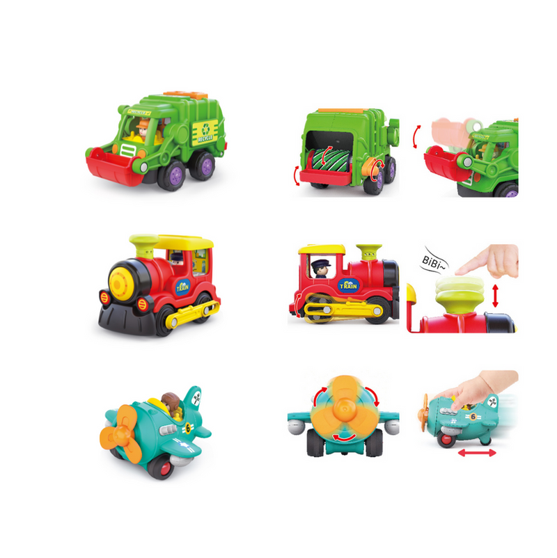 Camión de reciclaje, tren de vapor y avión