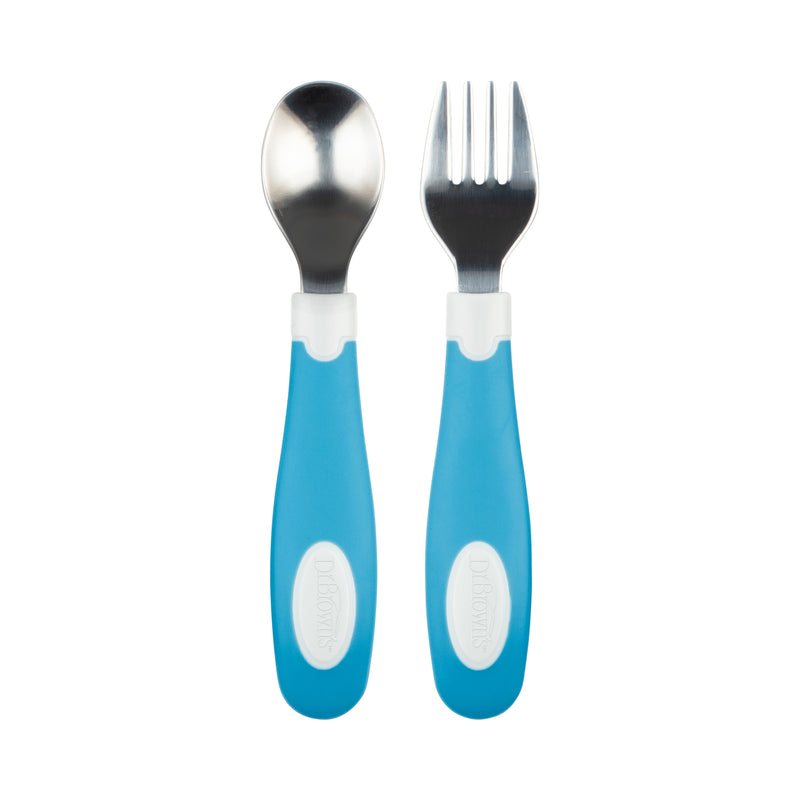 Set Tenedor y Cuchara agrarre suave 12M+, Azul/Blanco Dr. Brown's