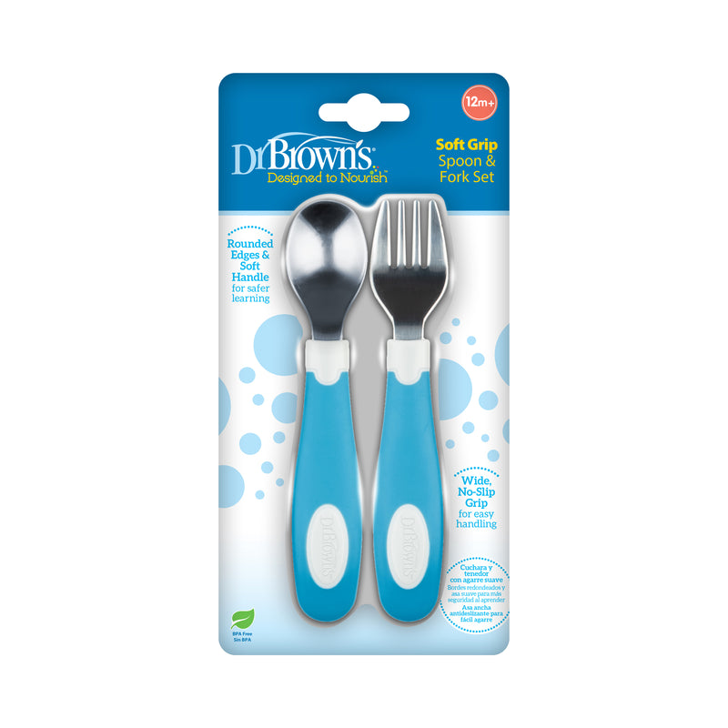 Set Tenedor y Cuchara agrarre suave 12M+, Azul/Blanco Dr. Brown's