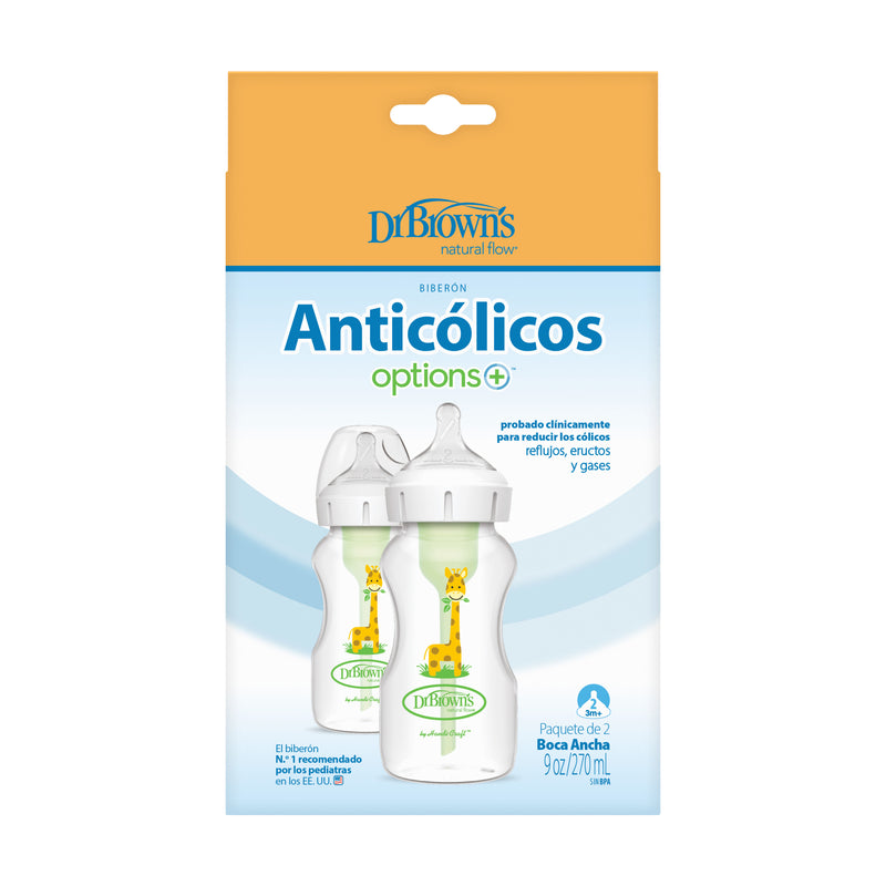 Pack 2 Mamaderas Anticólico Boca Ancha 270ml, Jirafa c/Tetina 3M+ Dr. Brown's