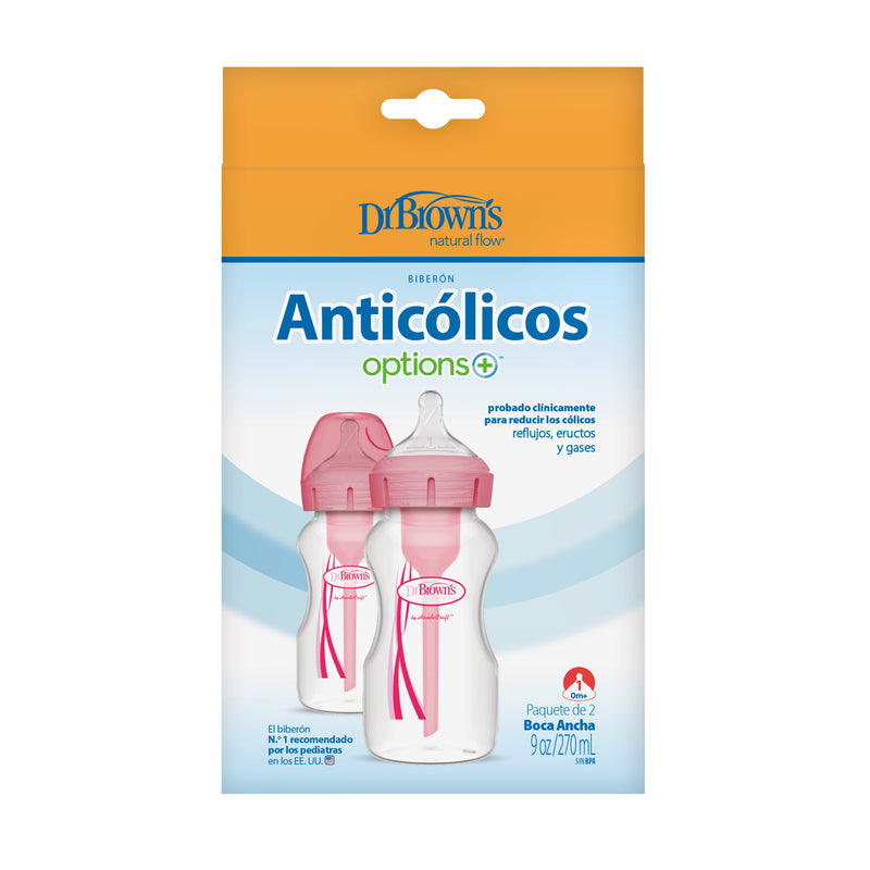Pack 2 Mamaderas Anticólico Boca Ancha 270ml Rosado Dr. Brown's