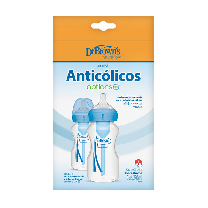 Pack 2 Mamaderas Anticólico Boca Ancha 270ml Azul Dr. Brown's