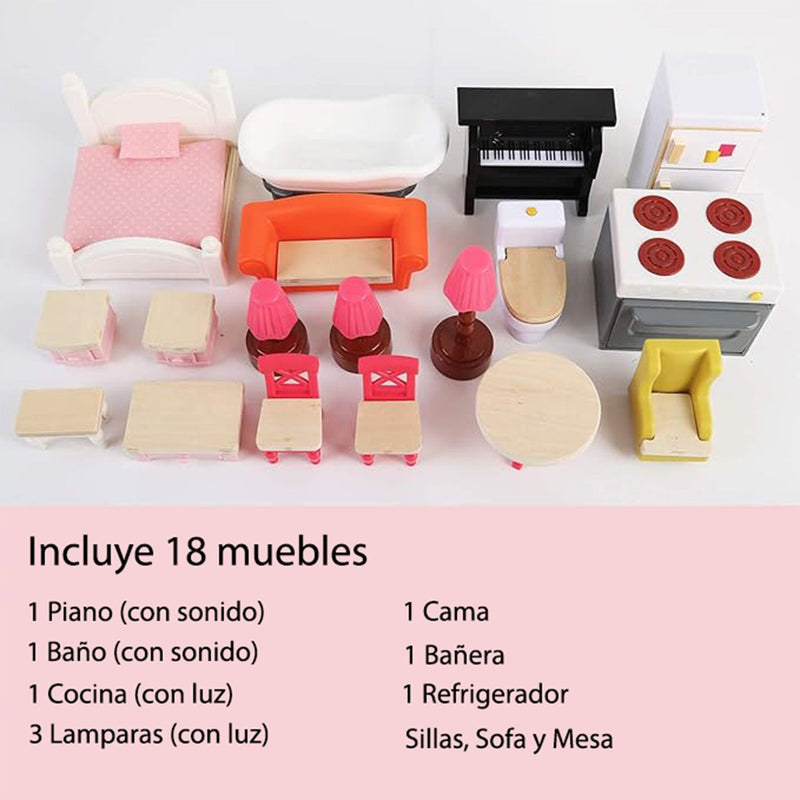 Casa de Muñecas + Muebles Madera Montessori  Bella