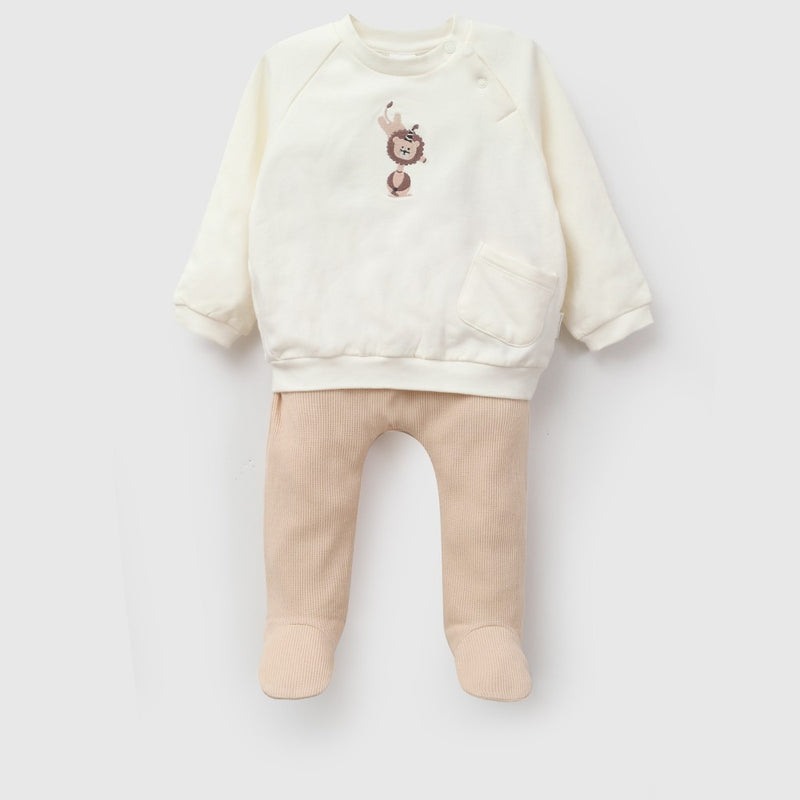 Conjunto león bordado polycotton niño beige RN a 6-9M