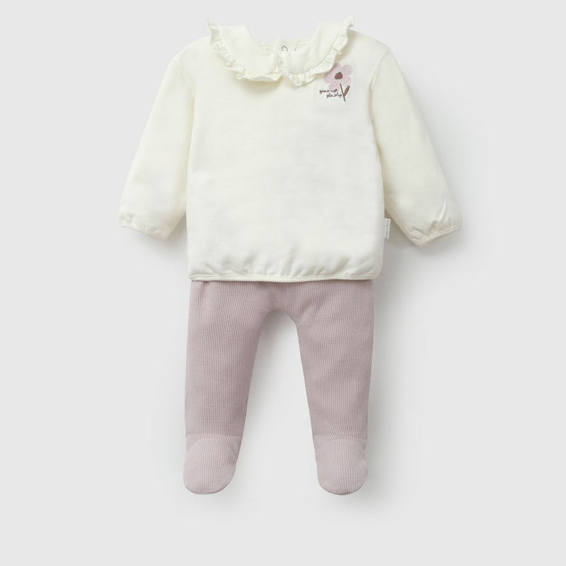 Conjunto flor bordada polycotton niña purpura RN a 6-9M