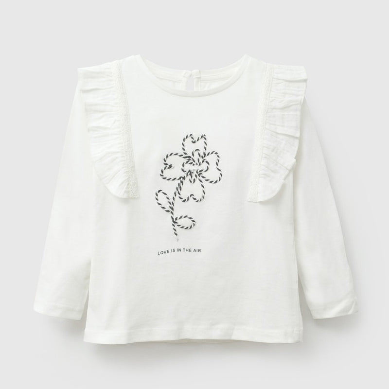 Polera manga larga vuelos niña blanco 6-9M a 4-5A