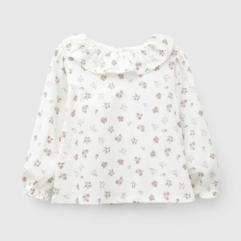 Polera vuelos flores niña blanco 6-9M a 4-5A