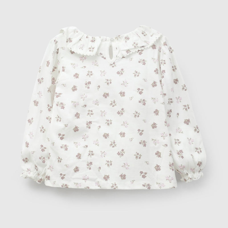 Polera vuelos flores niña blanco 6-9M a 4-5A