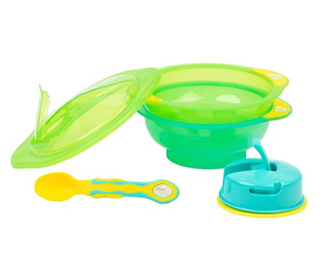 Pack de 2 bowls con base de succión con tapa y cuchara verde-turquesa VITAL BABY